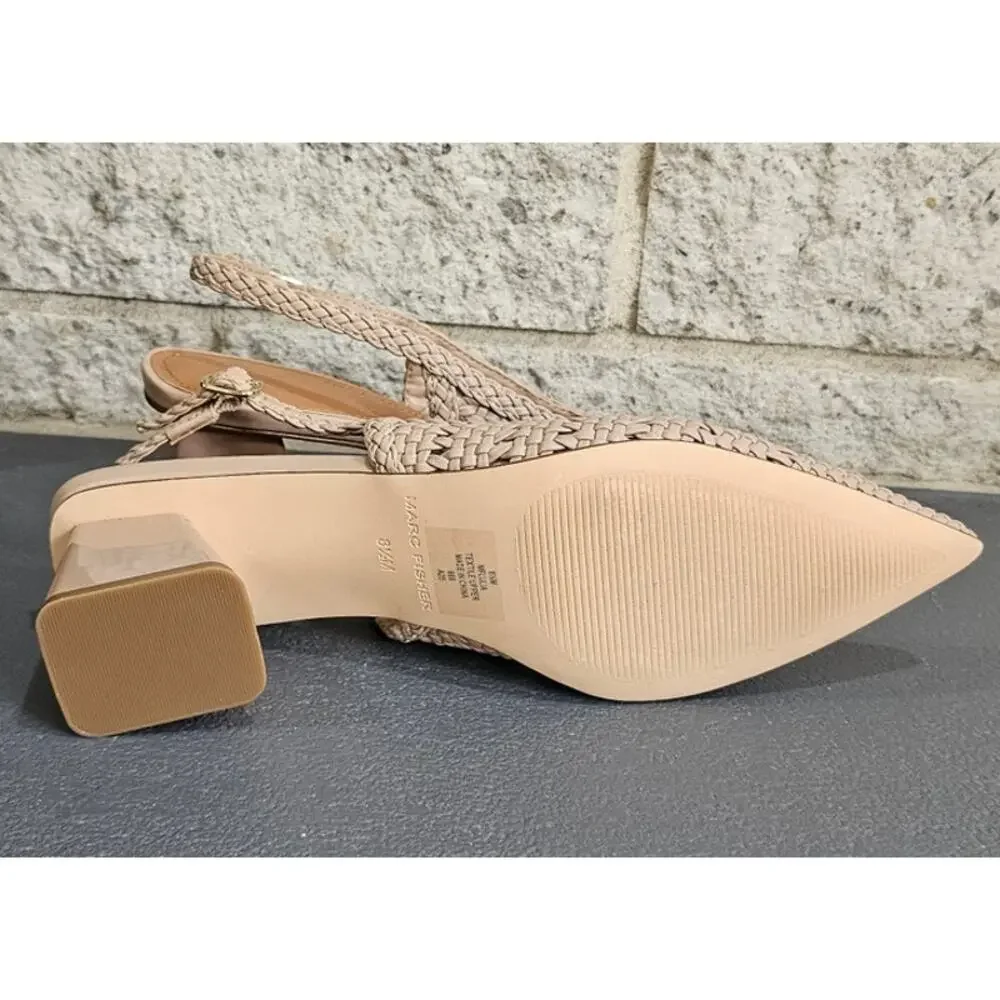 Marc Fisher Zunnie Block Heel Woven Leather Slingback Pump, Pointed Toe, Sz 8.5
